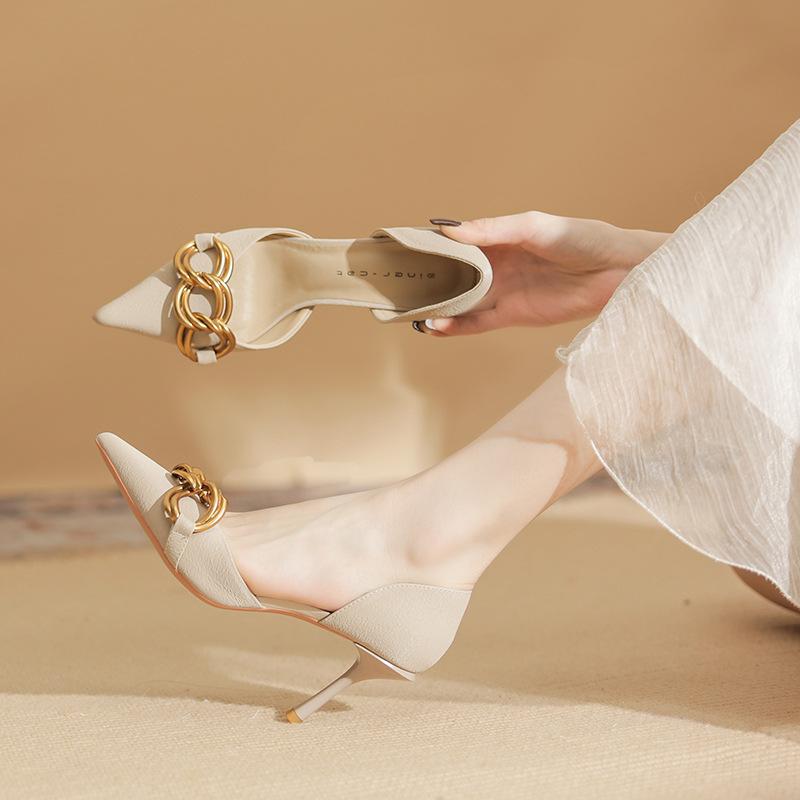 82322 [sheepskin] high heels women's thin heels spring 2025 new pointed metal chain shallow mouth single shoes