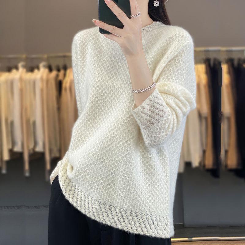 Women's 100% Pure Wool Thick Round Neck Sweater with Crochet Lace Knit and Half-High Neck