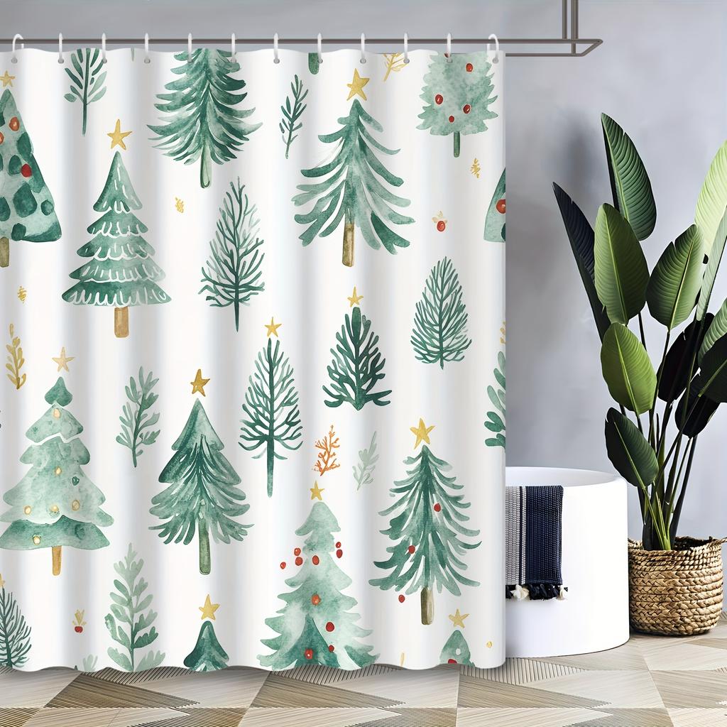 1Pc Christmas Green Theme Cartoon Pine Forest Shower Curtain, Decorative Printed Shower Curtain With 12 Hooks