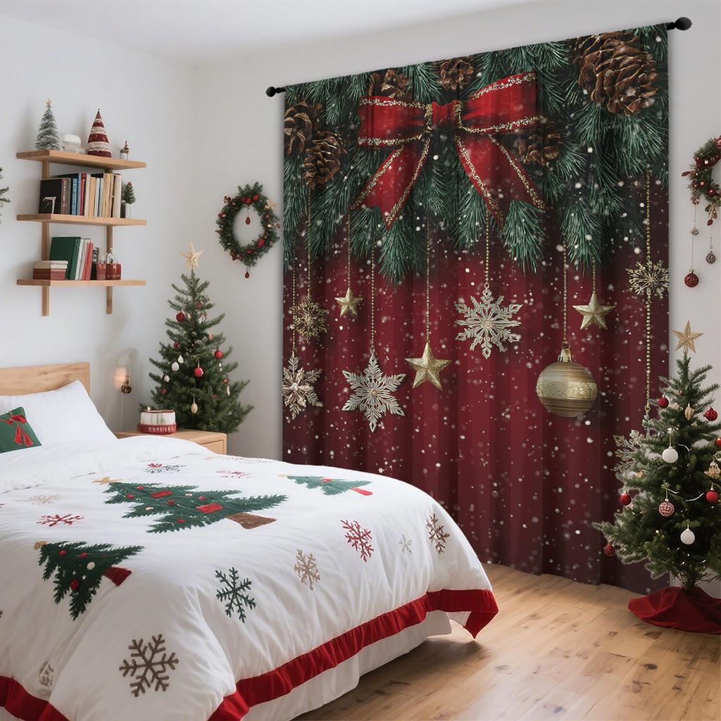 Piece Festive Christmas Curtain Featuring Red Background Bowknots Snowflakes Pine Branches Design Polyester Material Suitable Holiday Parties Home