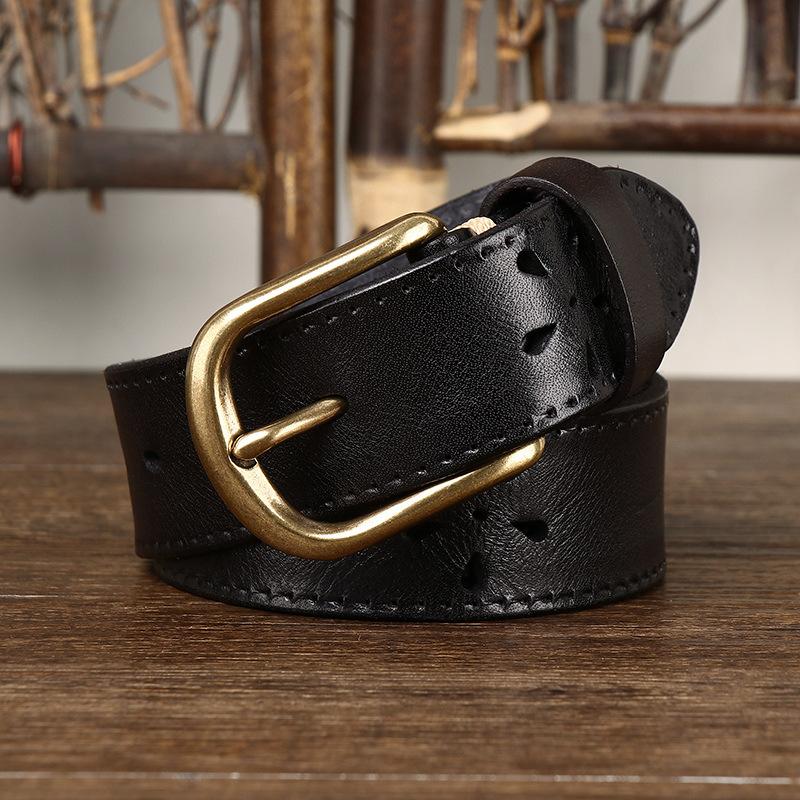 Belt Men's Retro Personalized Trendy Hollow First Layer Cowhide Leather Pin Buckle Casual Denim Belt Men's