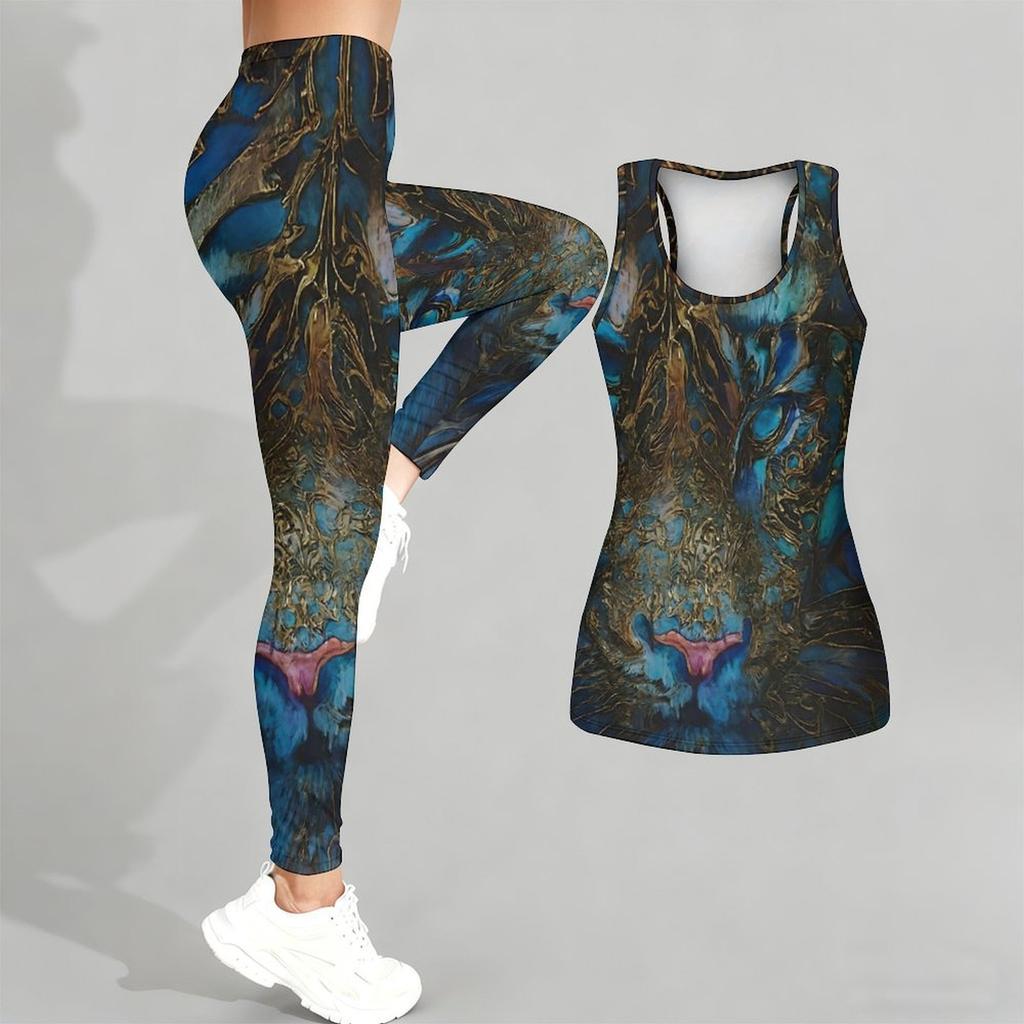Fierce Predator Pattern Print Yoga Outfit for Women Fashion Workout Leggings Fitness Sports Casual Yoga Set Sports Suit