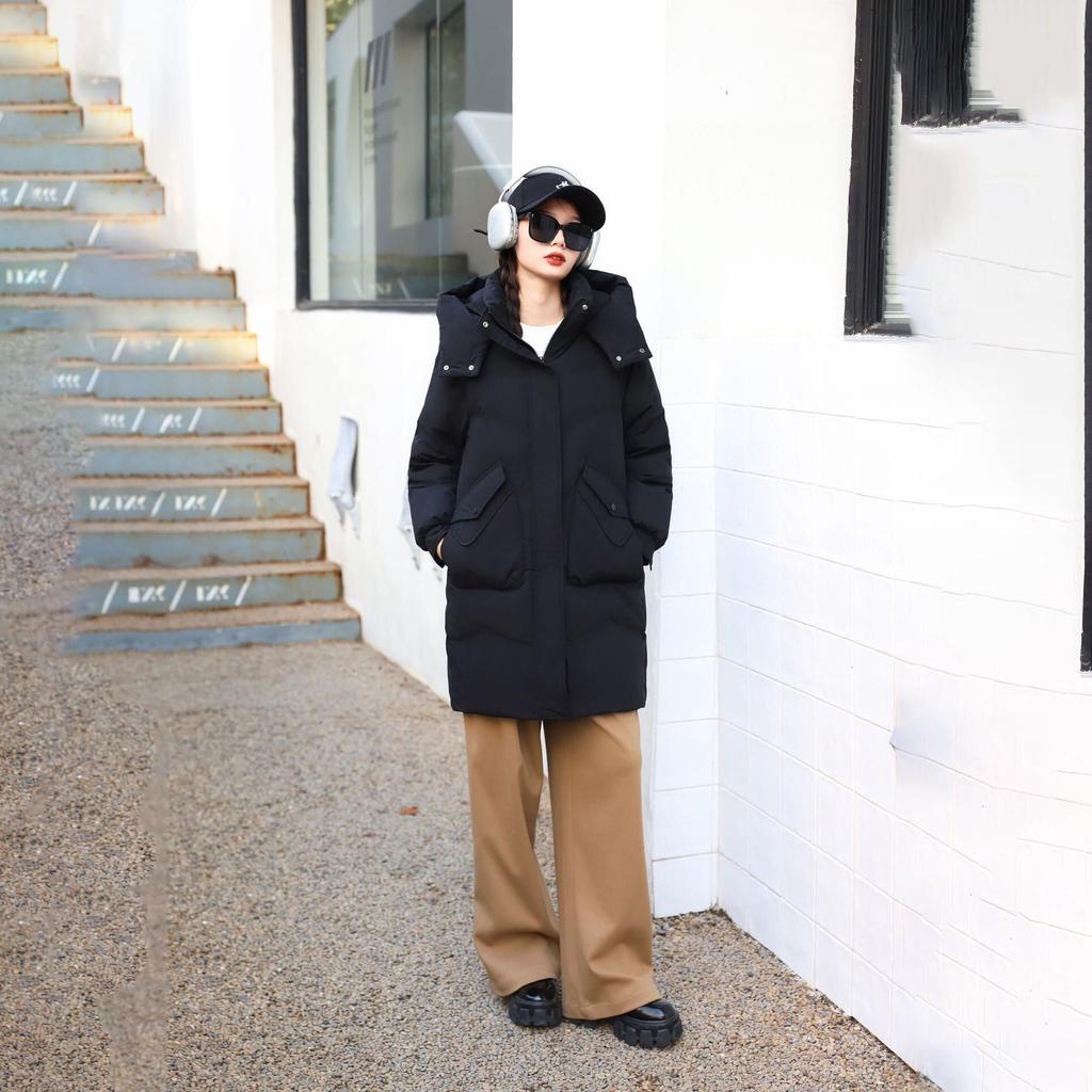 Women's Winter Autumn Thick Hooded White Duck Down Jacket Coat Loose Middle Long Solid Color Big Pocket Detachable Hat Down Coat