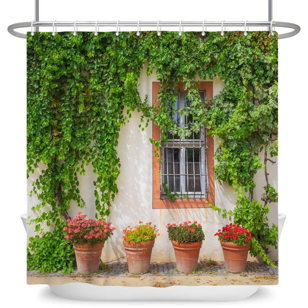 Garden Path Shower Curtain with 12 Hooks Realistic Forest Landscape Butterflies Waterproof Polyester Bathtub Bathroom Curtain
