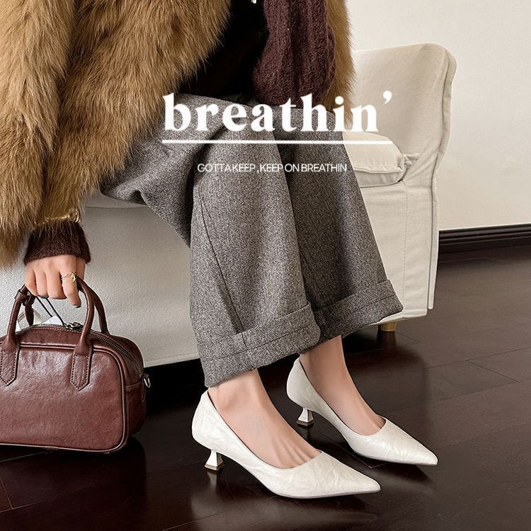 2025 new sheepskin pointed French simple shallow mouth single shoes 4.5CM medium heel daily commuter women's shoes 33-40