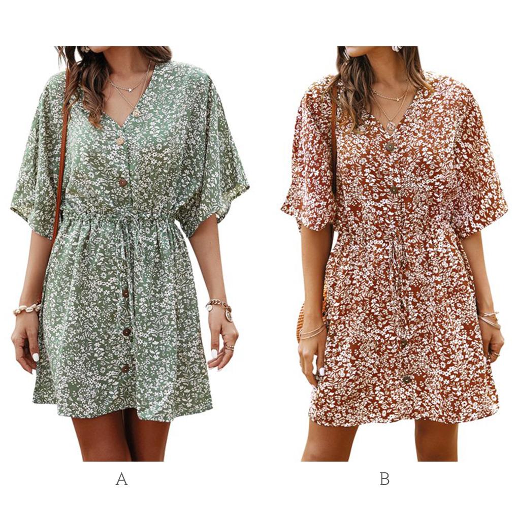 ZXZY Vestido de Mujer Estampado con Botones y Lazo en la Cintura de Manga Corta