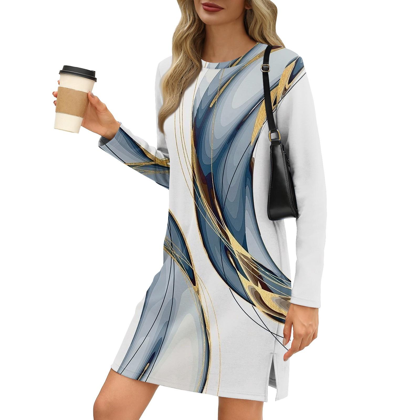 Женское модное повседневное платье с круглым вырезом и длинными рукавами и разрезом — фото 8