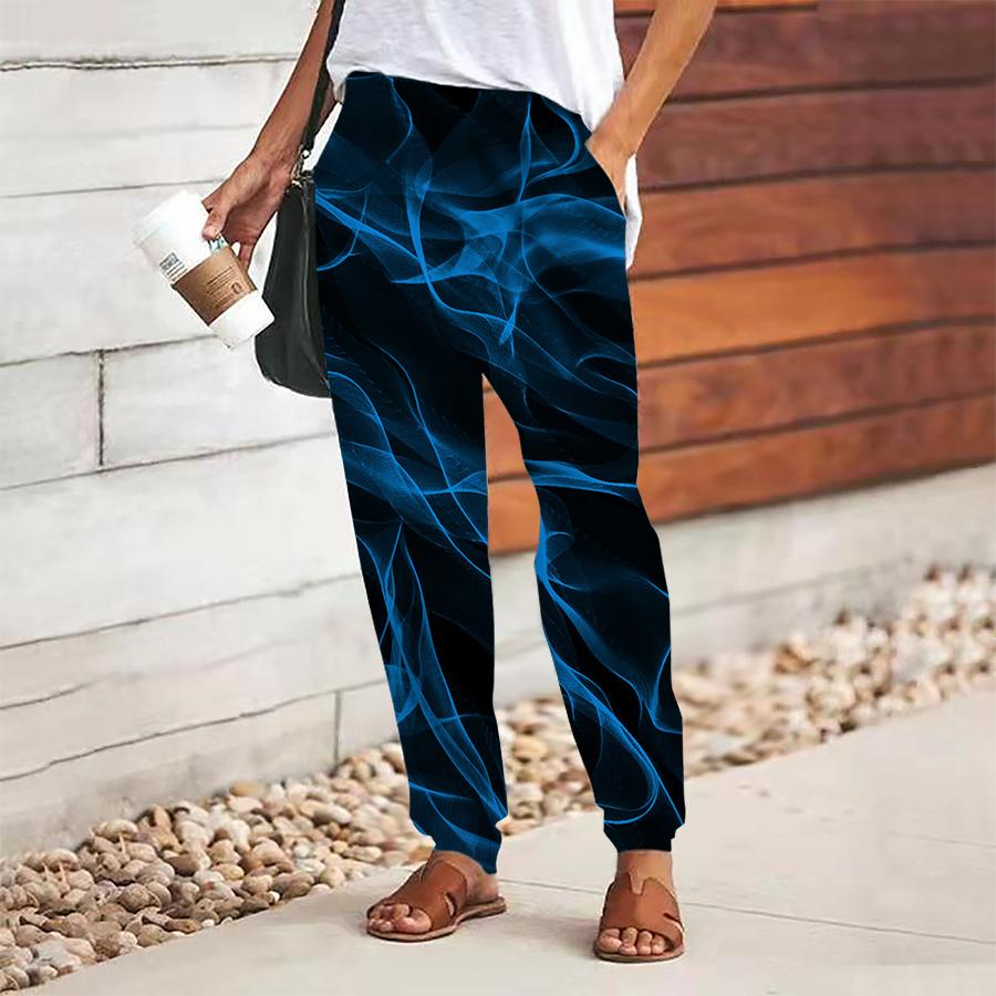 Women Smoke Printing Pants Lace Up Elastic Waist Loose  Trousers Casual Long Pants Trousers with Pockets