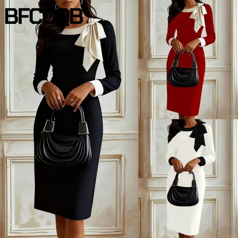 BFCCQB Women's Fashion Autumn Winter O-Neck Long Sleeve Solid Color Print Casual Dresses