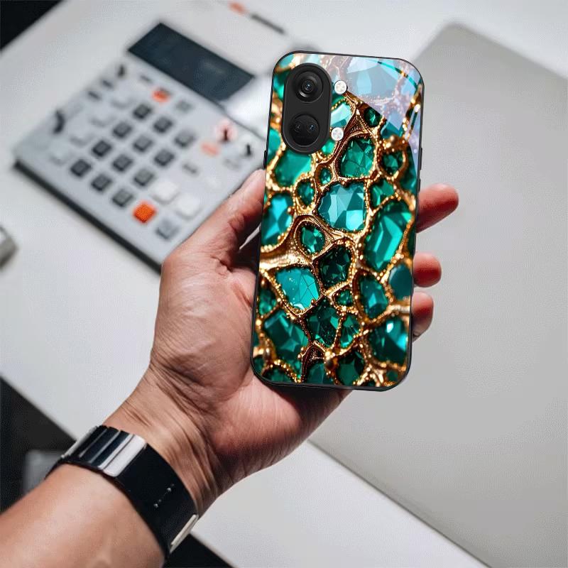 Luxury Green Gem Golden Black Glass Phone Case For OnePlus Ace 3 5 Pro Nord CE 2T 2 3 Lite 6 7T 8 9 10 Pro 2V 11R 12R 13R Cover