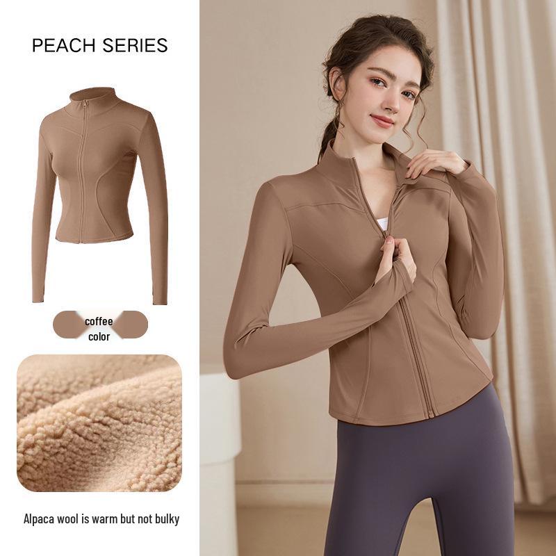 Women's Slimming Lambswool Jacket – Stand Collar, Velvet-Lined, Thick, Stretchy, Warm Yoga Top for Autumn & Winter