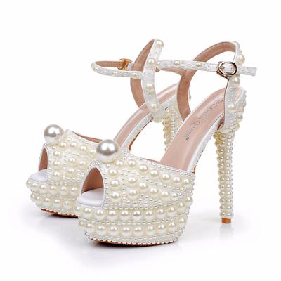 14cm Handmade Beaded Thick Heel Fish Mouth Sandals Large High Heels Waterproof Platform Women's Shoes Wedding Dress Luxury Pearl