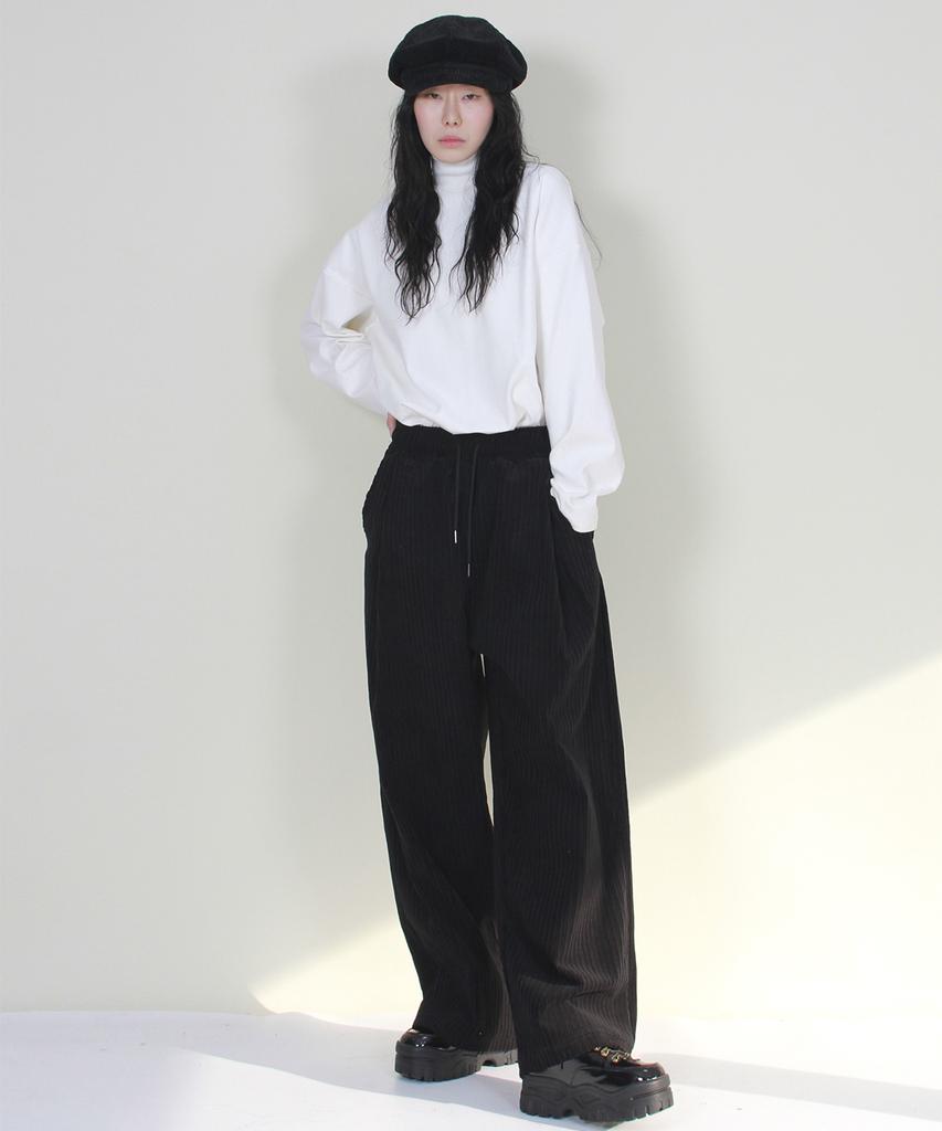 Deumakeu Wide-Fit Corduroy One-Pleat Elastic Pants Black