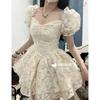 Spring and Summer New Jacquard Doll Skirt Bubble Sleeve Dress Retro Style Sweet Splicing Square Neck Princess Dress