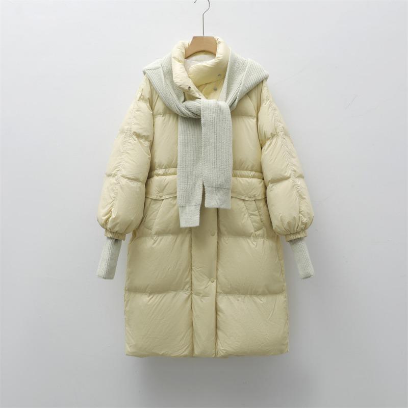 White duck down winter new loose medium and long coat hooded removable knitted hat down jacket women