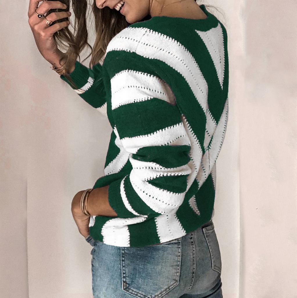 Fashion Womens Long Sleeve V Neck Striped Knitting Casual Tunic Blouse