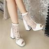 FOREADA Women Sandals Peep Toe Thick High Heels Zippers Platform Hollow Jazz Dance Boots Ladies Fashion Shoes Summer White 46