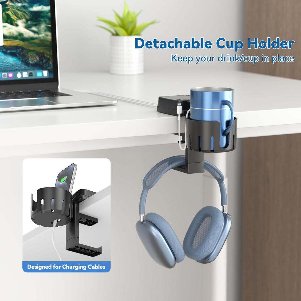 KDD Headphone Stand and Cup Holder, Detachable 360° Rotating Headphone Hanger with Cable Rack and Storage, 2 Cable Clamps - Drink Holder Desk,