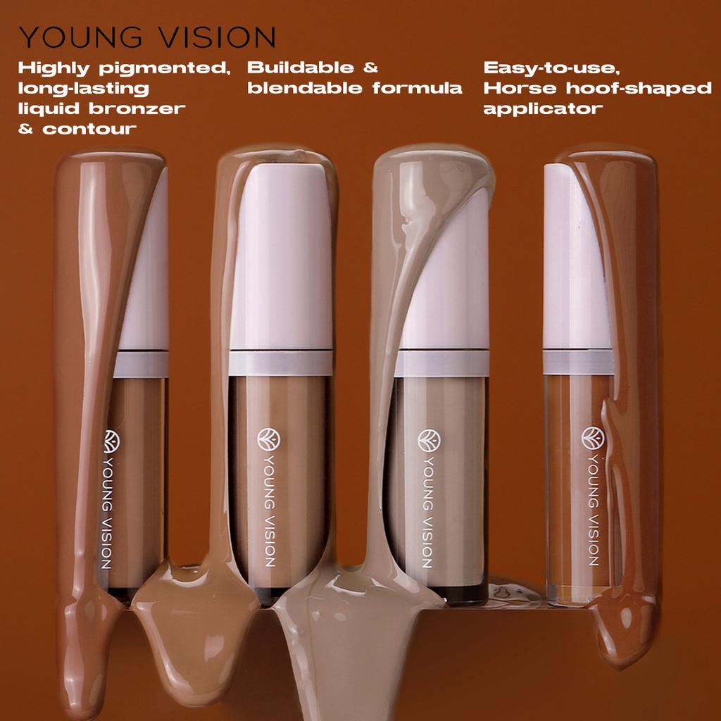 YOUNG VISION 4-Color Liquid Contour & Bronzer Kit with Multi-Functional Horseshoe-Shaped Brush Head - Highly Pigmented, Buildable, Long-Lasting,