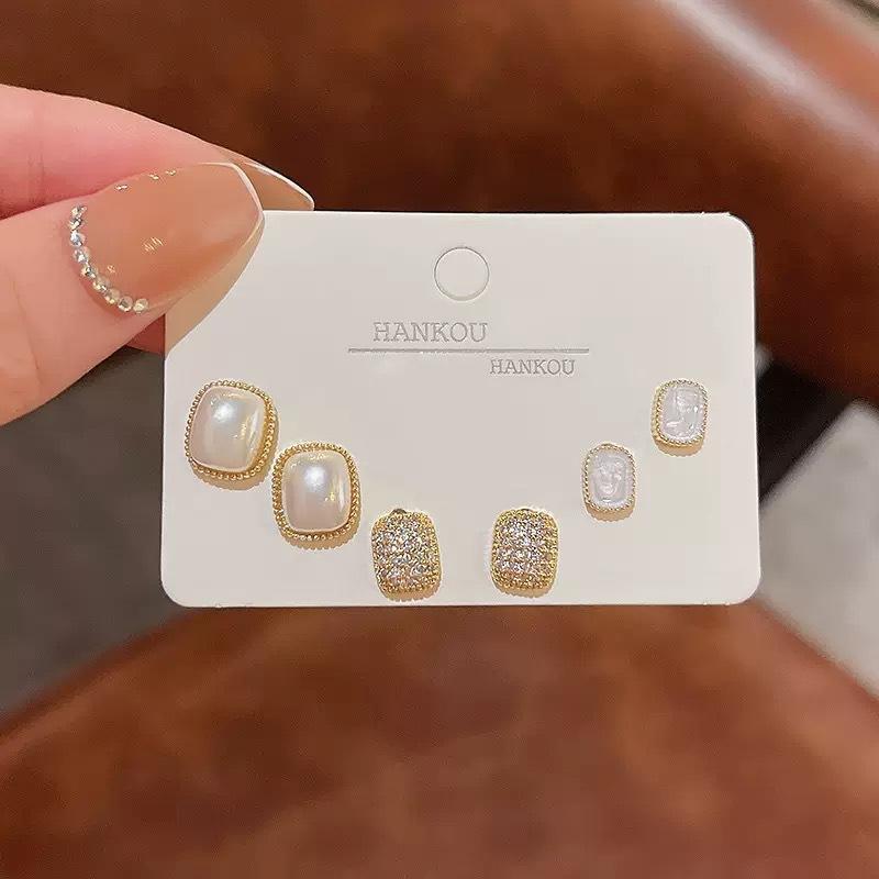 Three-piece set of pearl silver needle earrings, women's simple and exquisite earrings, Japanese and Korean temperament fashion versatile ear jewelry