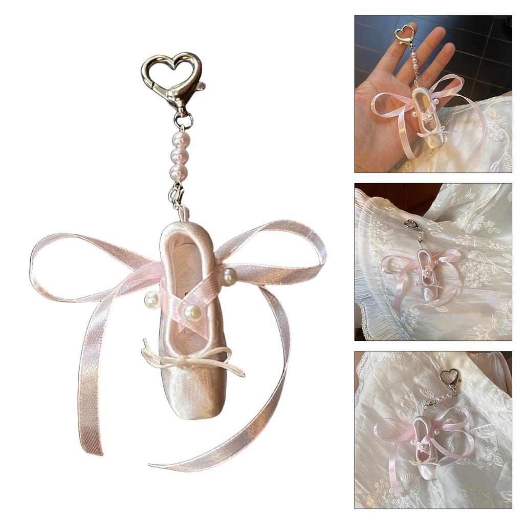 Fashionable Ballet Shoe Keychain Charm with Pearls Ribbon Designs Lovely and Stylish Accessory Portable for Girls