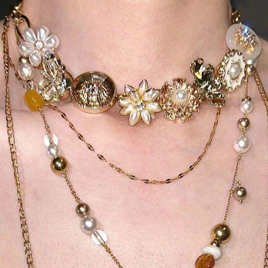 European and American retro pearl multi-layer splicing flower necklace women's ancient style niche exaggerated high-end neck chain collarbone chain