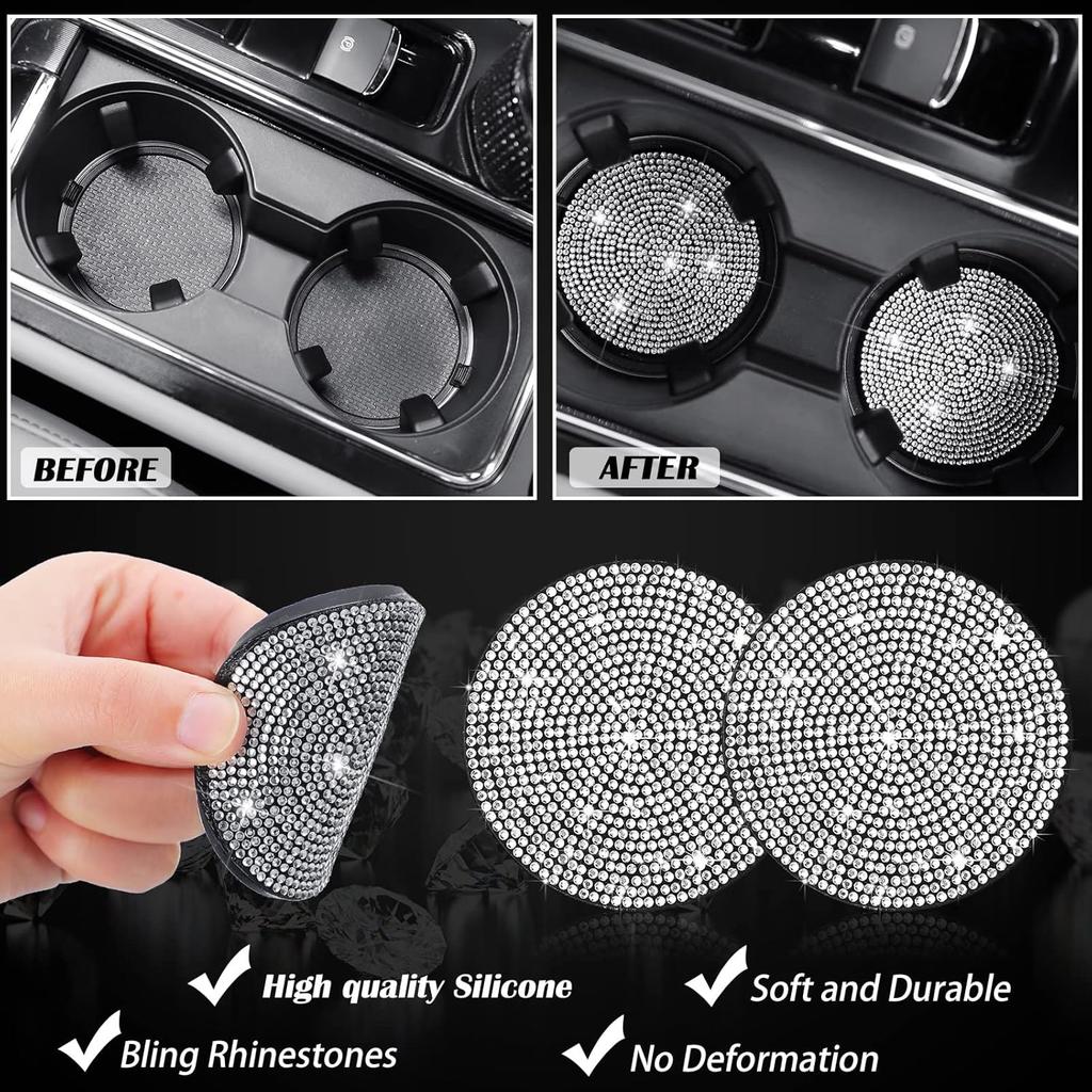 Sinmoe 10 Pcs Bling Car Accessories Set For Women Rhinestones Leather Accessories Steering Wheel Cover Armrest Gear Shift And Seat Belt And Handbrake