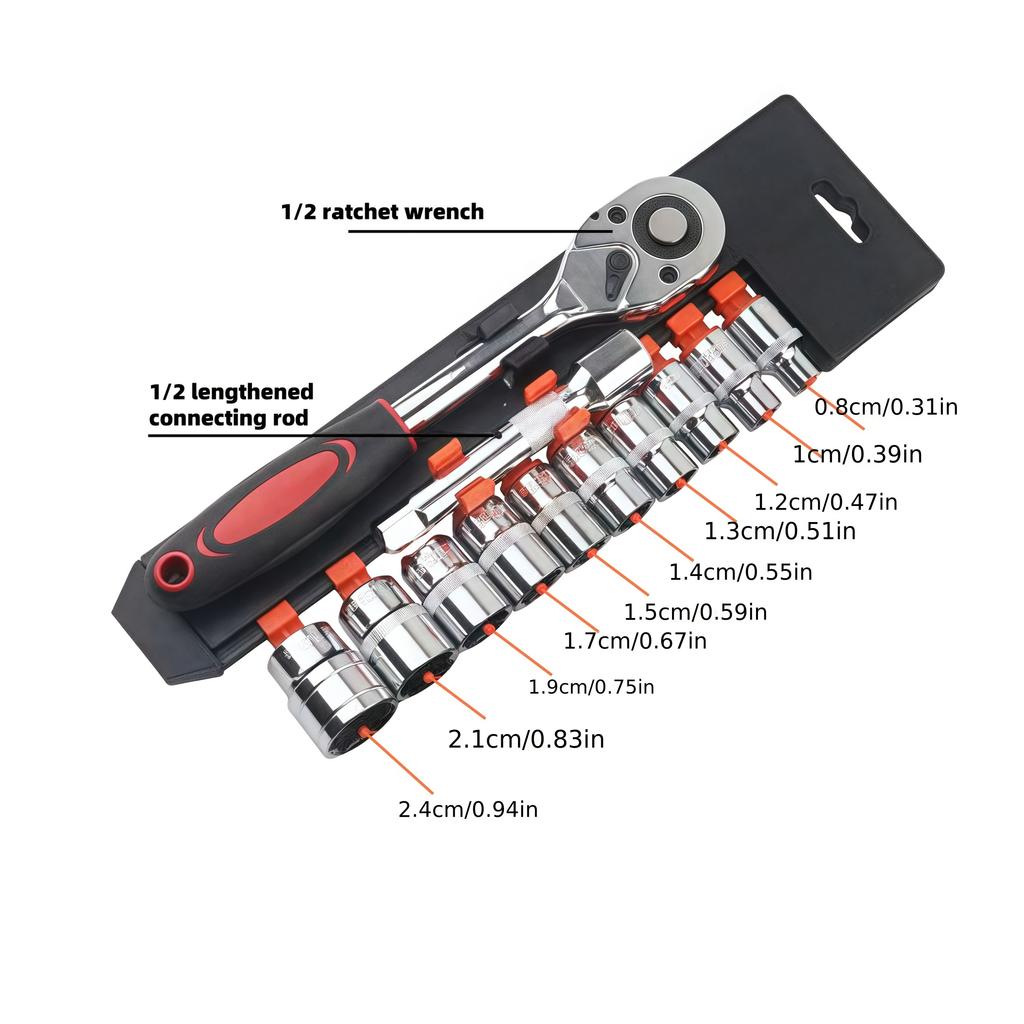 12PCS set of automotive repair tools, 1/2 large flying ratchet wrench, quick socket wrench set with ratchet installed tool
