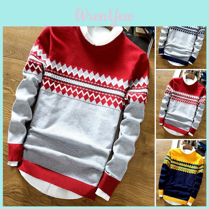 Slim Knit Men Color Block Sweater Crew Neck Jumper Top Winter Knitwear Pullover