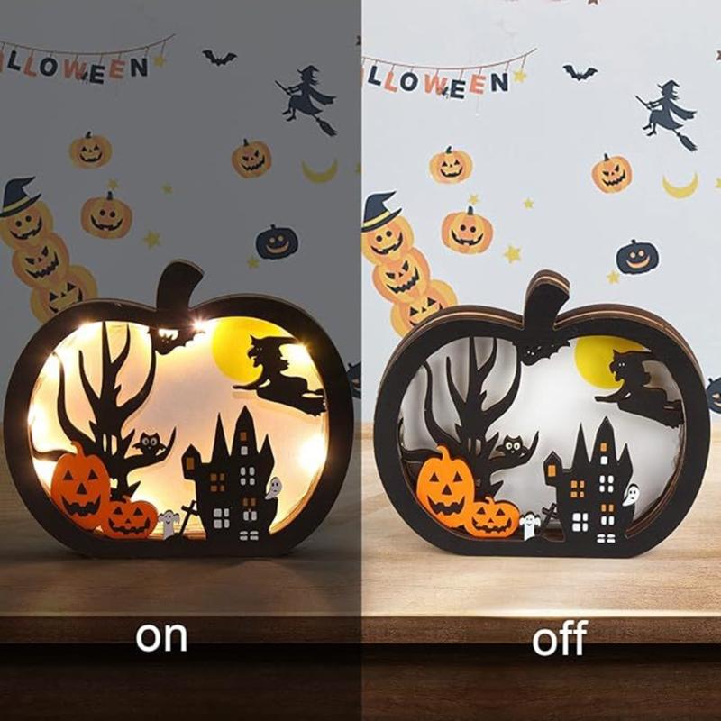 2Pcs Wooden Ghostly Pumpkin Night Light Halloween Wood LED Lamp Desk Decoration For Mantels Tabletop Holiday Decoration