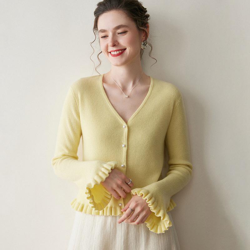 Women's V-neck Ruffle Bell Sleeve Cashmere Cardigan - Soft Knitted Loose Fit Sweater