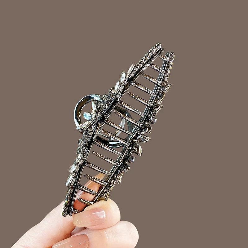 1Pcs High End Back of Head Hair Clip Women Headwear Crystal Flower Hair Accessories Large Size Black Metal Hair Claw