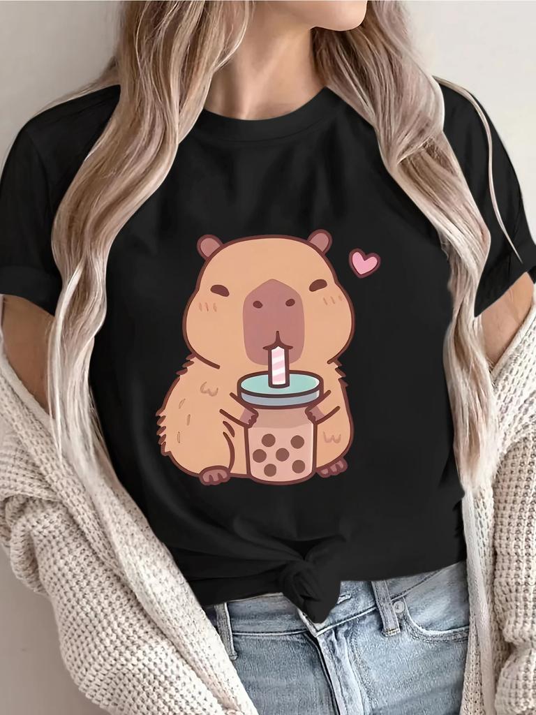 Cute Capybara Boba Printed Unisexs Tshirt Casual Short Sleeve Round Neck Capybara Harajuku Female Tops Summer Unisexs Clothing