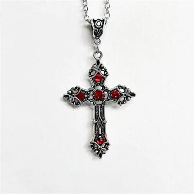 Simple Fashion Creative Trend Gothic Large Baroque Christian Cross Pendant Necklace Micro Inlaid Red Crystal PrayerAmuletZircon