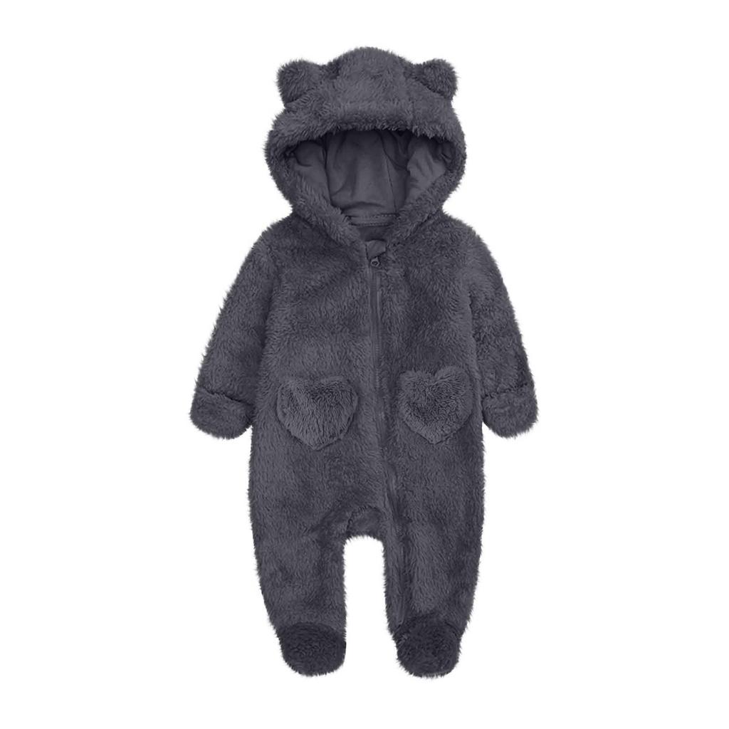 Baby Plush Warm One-Piece Bear Hooded Zipper Children's Solid Color Sleepsuit