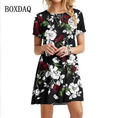 Vestidos Vermelhos Estampados Florais Rosa 3D Mulher Verão Solto Oversized Manga Curta Vestido Roupa da Moda Vestido Mini de Férias de Praia
