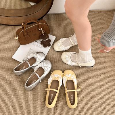 Inner Height Increase Silver Bow Mary Jane Single Shoes Women's Shoes 2025 New Popular Fairy Style Ballet Shoes