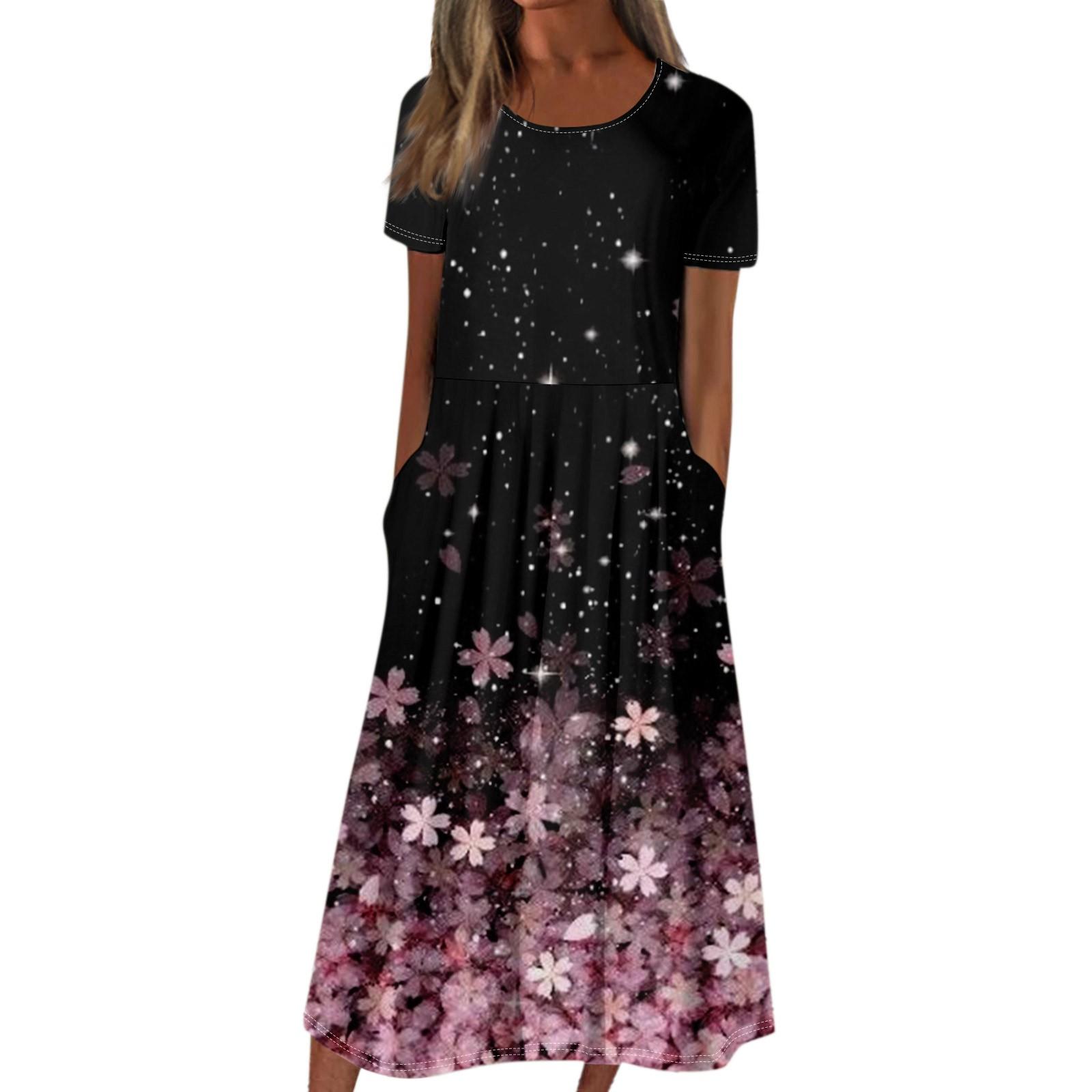 Женское летнее повседневное модное платье с коротким рукавом и карманом с круглым вырезом — фото 3