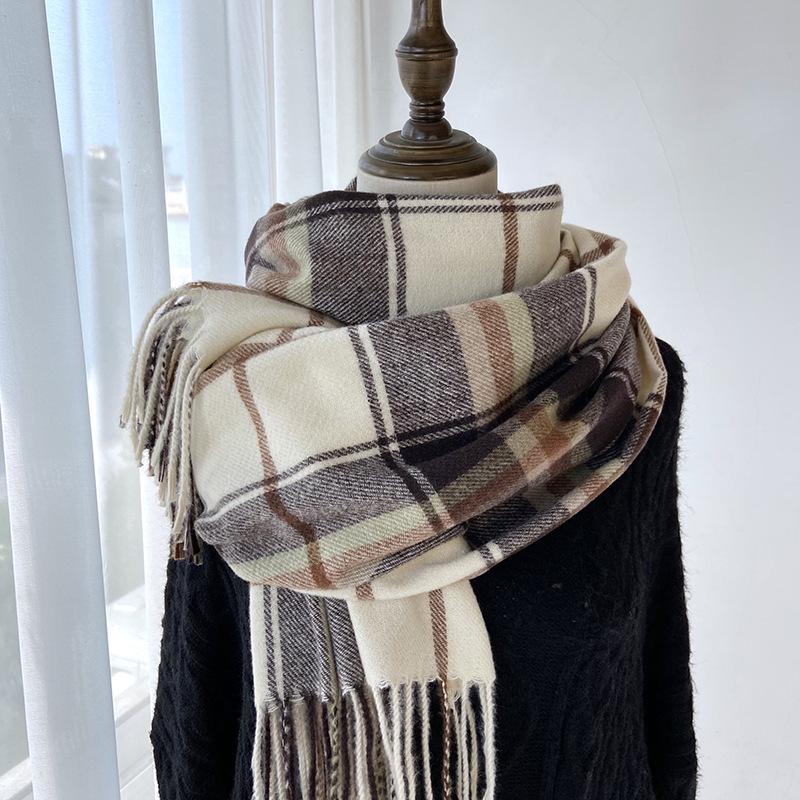 Korean-Style Plaid Scarf for Women, Autumn/Winter 2023; Versatile, Warm Tassel Shawl.