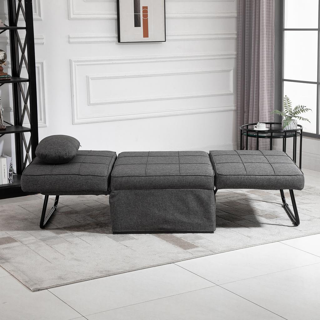 4-in-1 Single Armchair Convertible Chair Bed Pouf Reclining Backrest 5 Levels Folding Footrest, Load 200 Kg, Metal Frame and Linen Fabric Gray
