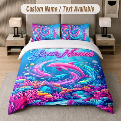 Ocean Mermaid Theme Custom Text Or Name 3Pcs Bedding Set 1 Flat Sheet & 2 Pillowcases Personalized Home Bedding