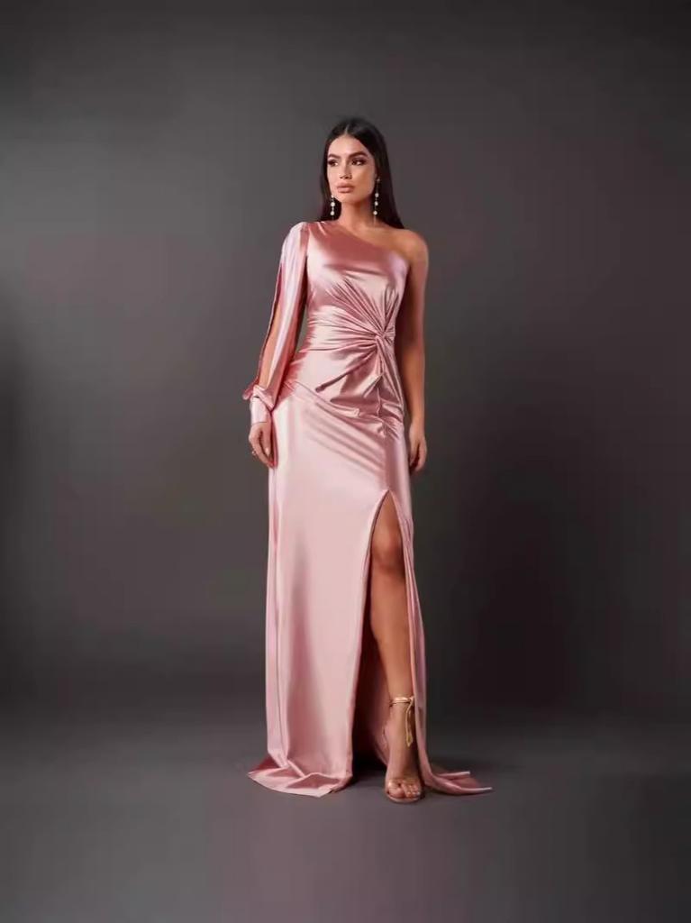 2026 Summer New European and American Women's Clothing Diagonal Collar Shoulder Sleeve Pleated Waist Split Sexy Dress