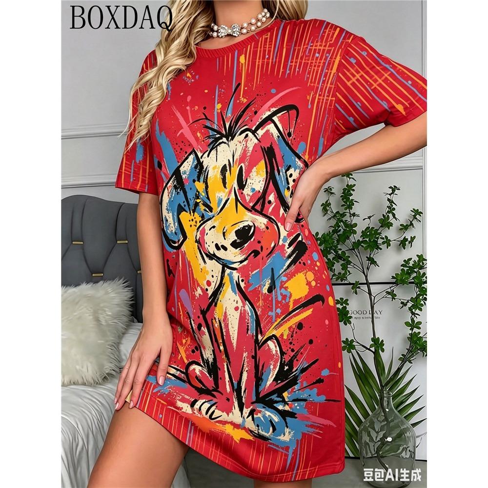 Fun Graffiti Dog Pattern Printed Round Neck Short Sleeve Women's Summer Loose Dress