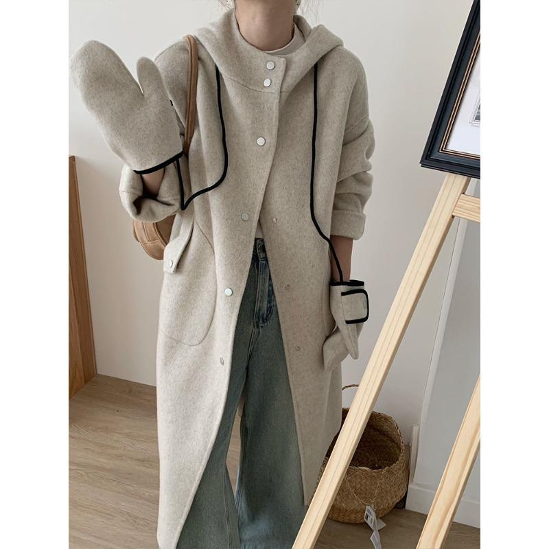 Новейшее двустороннее шерстяное пальто с капюшоном для женщин, длинный фасон с перчатками, осень и зима, свободное, высококачественное шерстяное пальто S