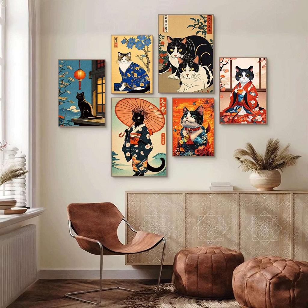 Japanese-style Cat Wall Decorations, Fun Cat Canvas Posters, Anime Wall Decorations, Cute Artwork, Tokyo Kitty Retro Posters