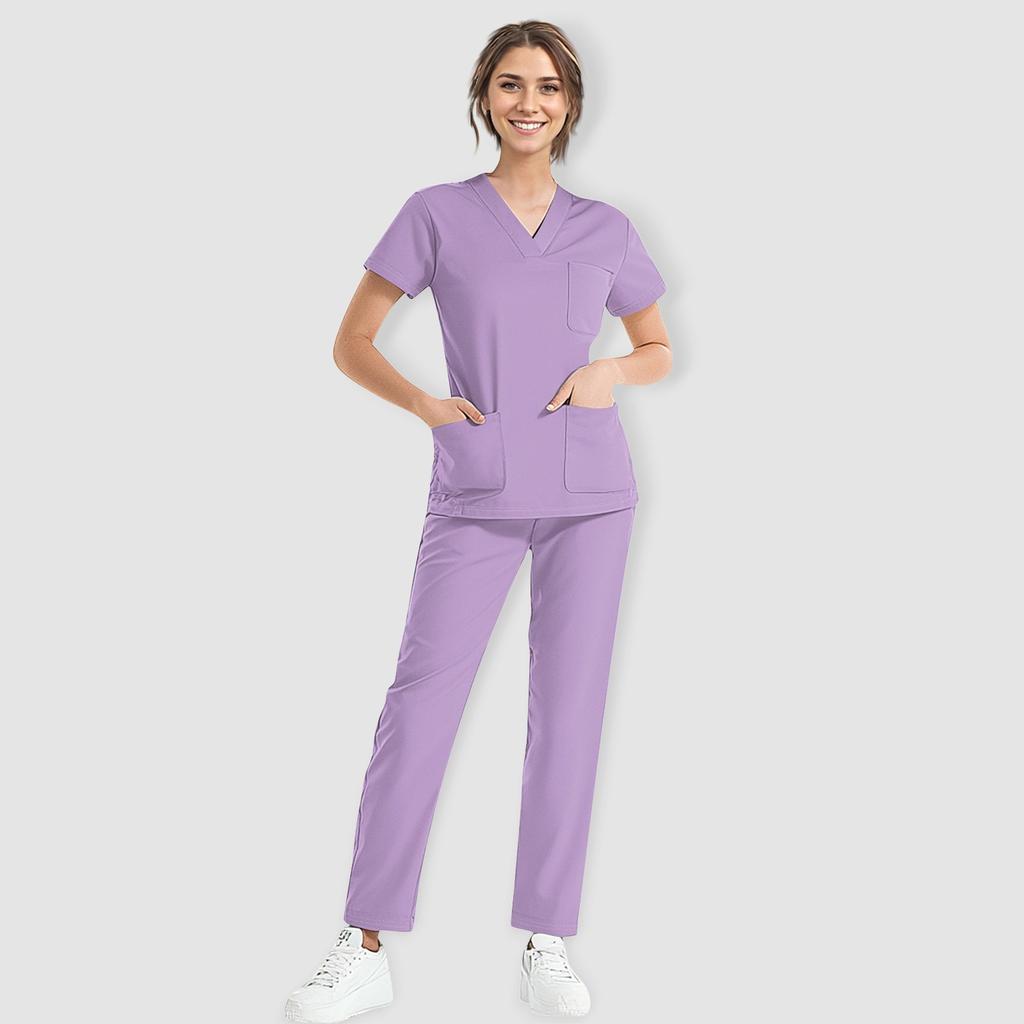Damski krótki rękaw, dekolt w serek, jednolity kolor, kieszeń na piersi, elastyczny pas, spodnie, dwuczęściowy zestaw roboczy, 3 kieszenie, bluzki chirurgiczne dla kobiet