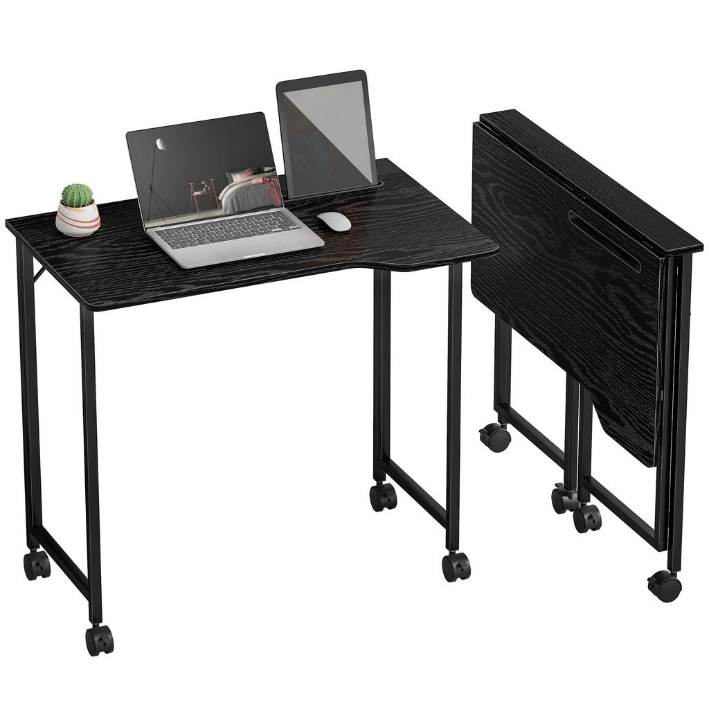 Folding Small Desk on Wheels - Black Wood Effect