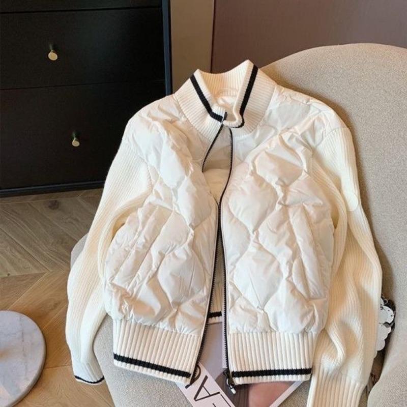 Retro Stand-up Collar Knitted Splicing Rhombus Cotton Jacket Women's Autumn and Winter New Niche Fashionable Light Jacket Tide