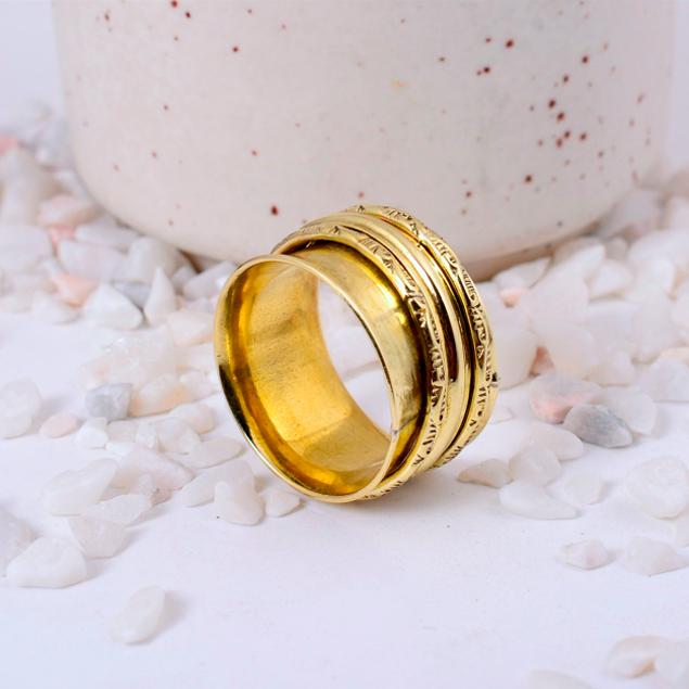 Two-Band Brass Spinner Fidget Ring | Woven Geometric & Floral Pattern | Unique Anxiety Relief Statement Accessory