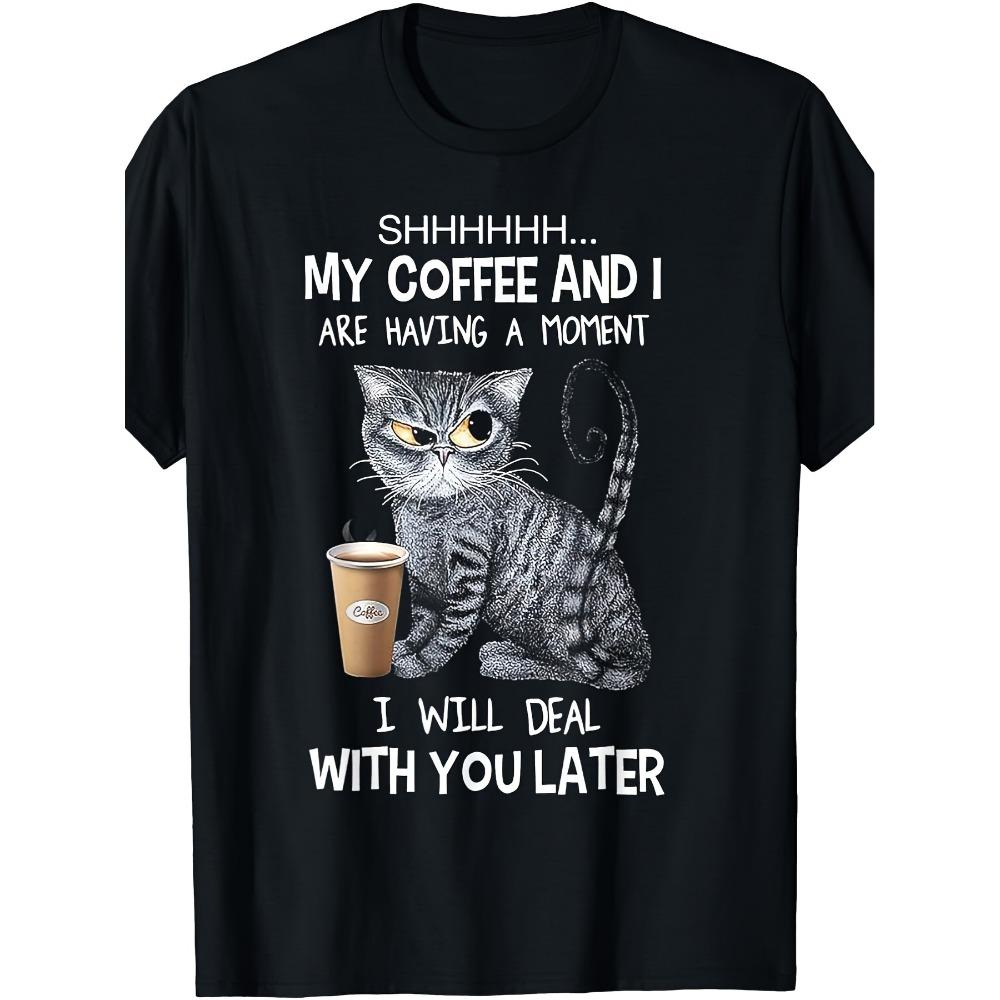 

Fun coffee cat print T-shirt Breathable and comfortable for all seasons machine washable for daily and casual wear S